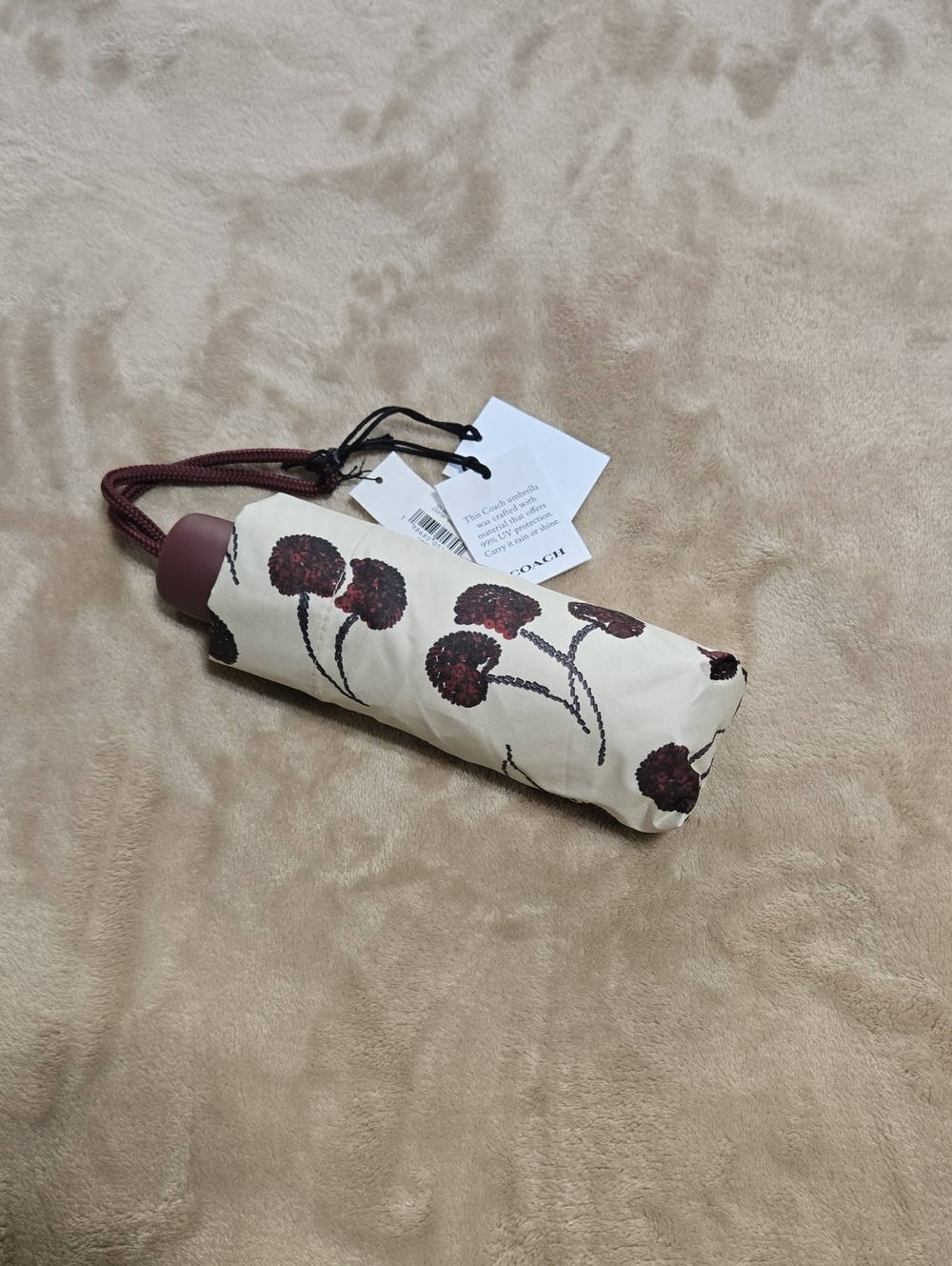 Coach Compact Umbrella - Cream and Burgundy Cherries